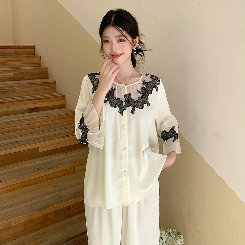 French Style Luxury Ice Silk Sleepwear Set for Women, Summer Lightweight Pajamas Loose Fit Loungewear