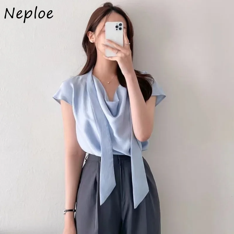 Neploe Elegant Simple Pile Collar Ribbon Blouses Loose All-match White Shirts Women Y2k E-Girl Flying Sleeve Blusas Mujer