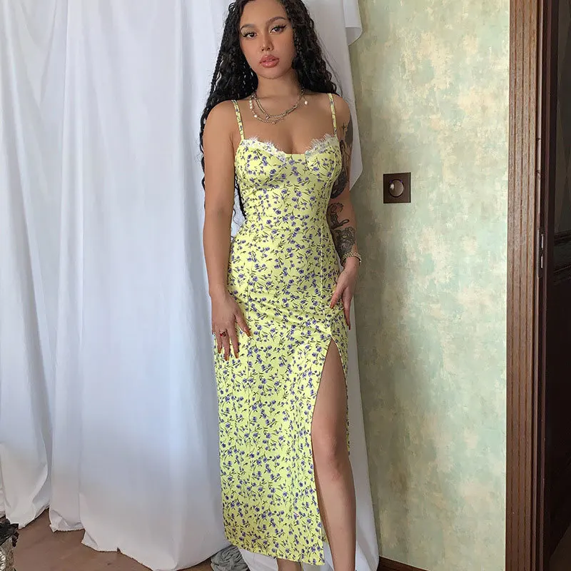 Abbigliamento femminile Abiti da donna 2025 Nuove donne Sexy Slim Bretella con spacco in pizzo Top a tubo Piccolo abito floreale Abiti da festa eleganti