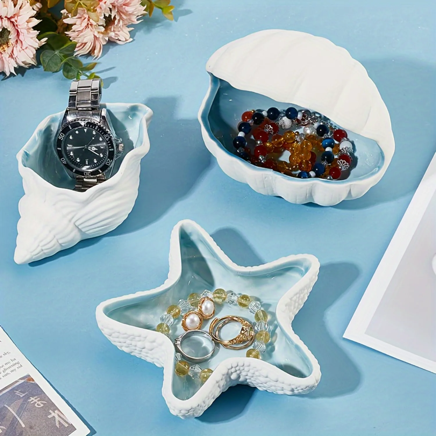 

1pc Unique Conch-Shaped Ceramic Jewelry Tray - Multipurpose Ring and Earring Holder, Creative Desktop Decor with Tabletop Mounti