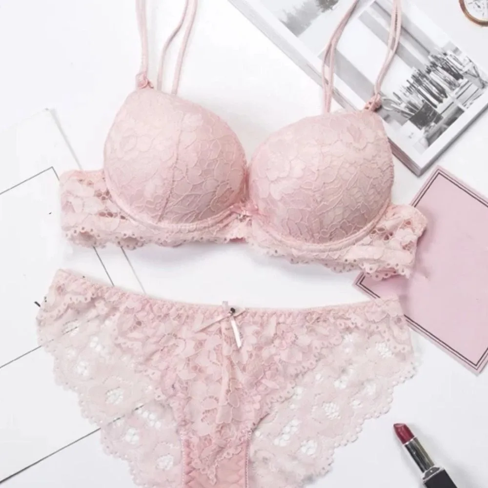 Süßer Mesh-Spitzen-Blumen-BH, niedriger Bund, rutschfester Push-Up-BH, Damen-Unterwäsche, Schleifen-BH-Slip-Set, Sommer – Detail 5
