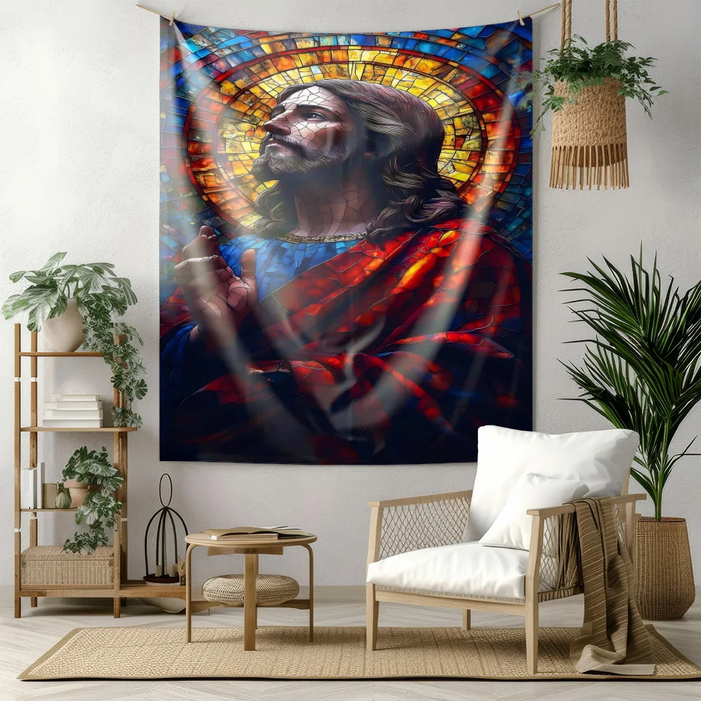 Stained Glass Praying Mosaic Tapestry  Wall Art Machine Washable All Season Home Living Room Bedroom Decor Elevate Your Space