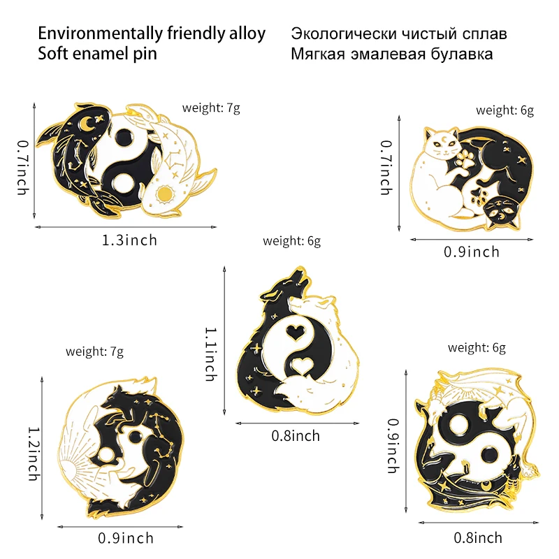 Zwierzęta Taichi emaliowane szpilki niestandardowe czarne białe Koi kot wilk lis smok broszki do klapy biżuteria punkowa prezent dla przyjaciół