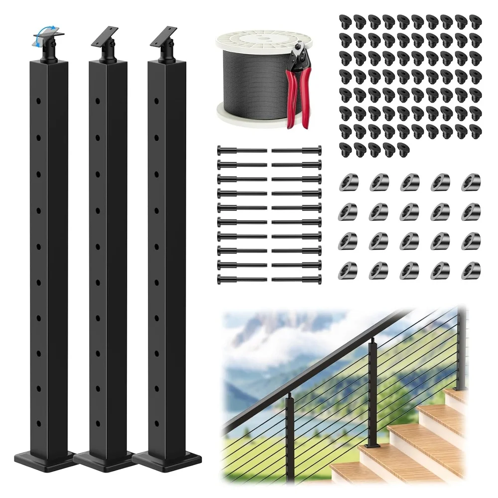 

Stainless Steel Adjustable Stair Cable Railing Post Kit 35 Inch Durable DIY Cable Railing System 3 Pack with Fittings