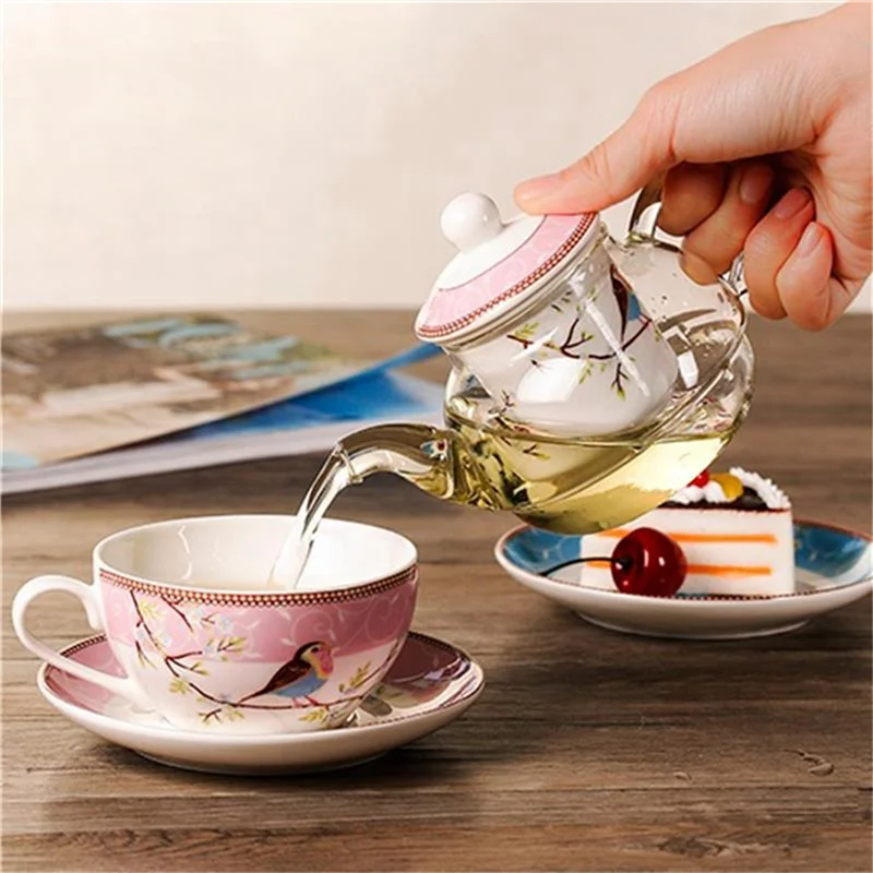 

AS60-2X Flower Teapot Flower Bird Cup Saucer Heat-Resistant Glass Pot Set Coffee Cup Afternoon Tea Tea Set Pink