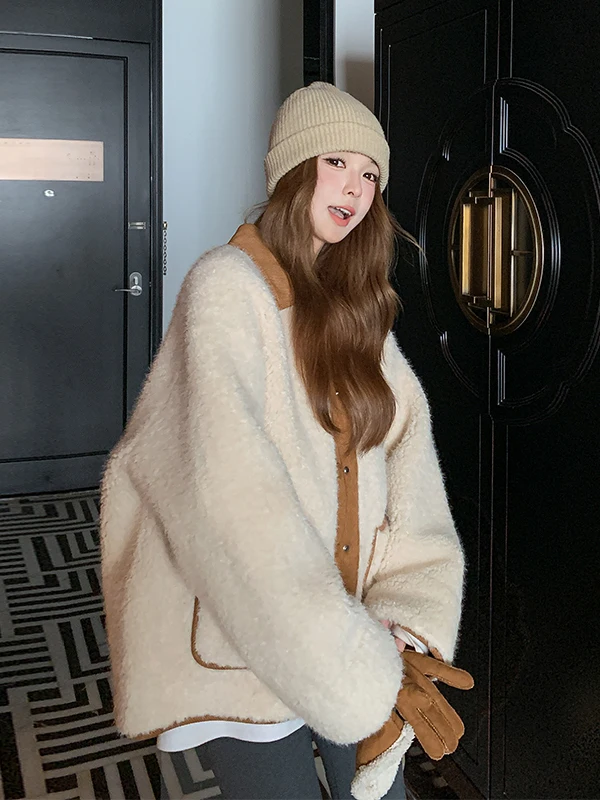 Damski płaszcz z futra jagnięcego, ocieplany, jesienno-zimowy, nowy, elegancki, do pracy, zintegrowany skórzano-futrzany, ciepły, puszysty płaszcz wierzchni.