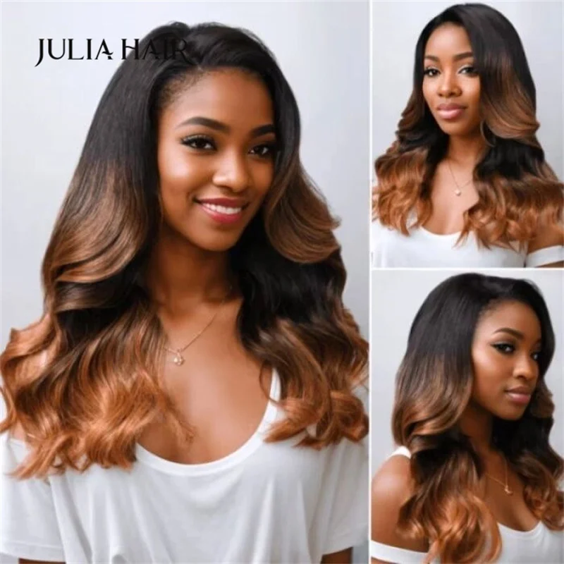 

Julia Hair 13x4 Lace Front #TU51 Toasted Caramel Ombre Body Wave Wig With Dark Roots Pre-Plucked Human Hair Wig With Baby Hair