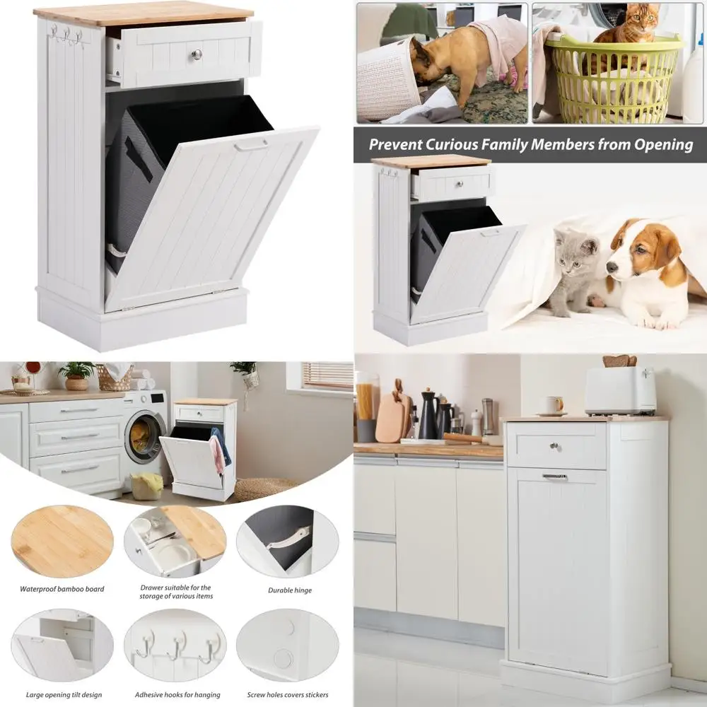 

Kitchen Tilt Out Trash Cabinet - Wooden Hidden Trash Bin for Pets, 13 Gallons Capacity, Living Room Storage Solution