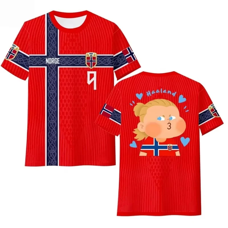 Haaland Norwegen Nationalmannschaft Fan-T-Shirt, schnelltrocknendes Eisseiden-Kurzarm-Unisex-Freizeit-Fußball-Fan-T-Shirt für Männer und Frauen im Sommer – Detail 5