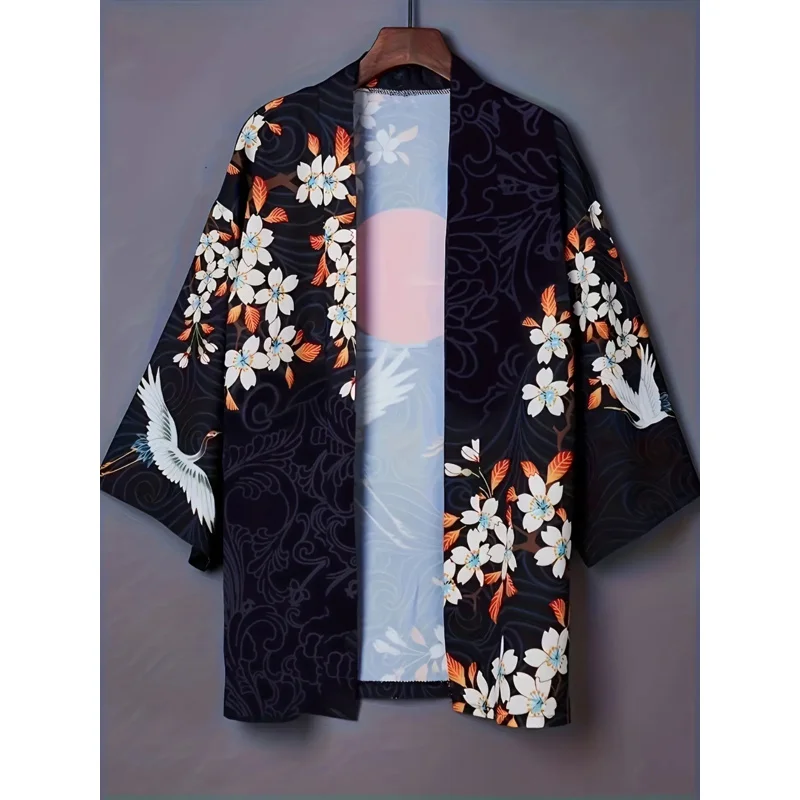 Kimono Japanese Retro Crane Print Feather Coat Harajuku Style Improved Hanfu seven-sleeved Short Coat Shawl Thin Top European Et