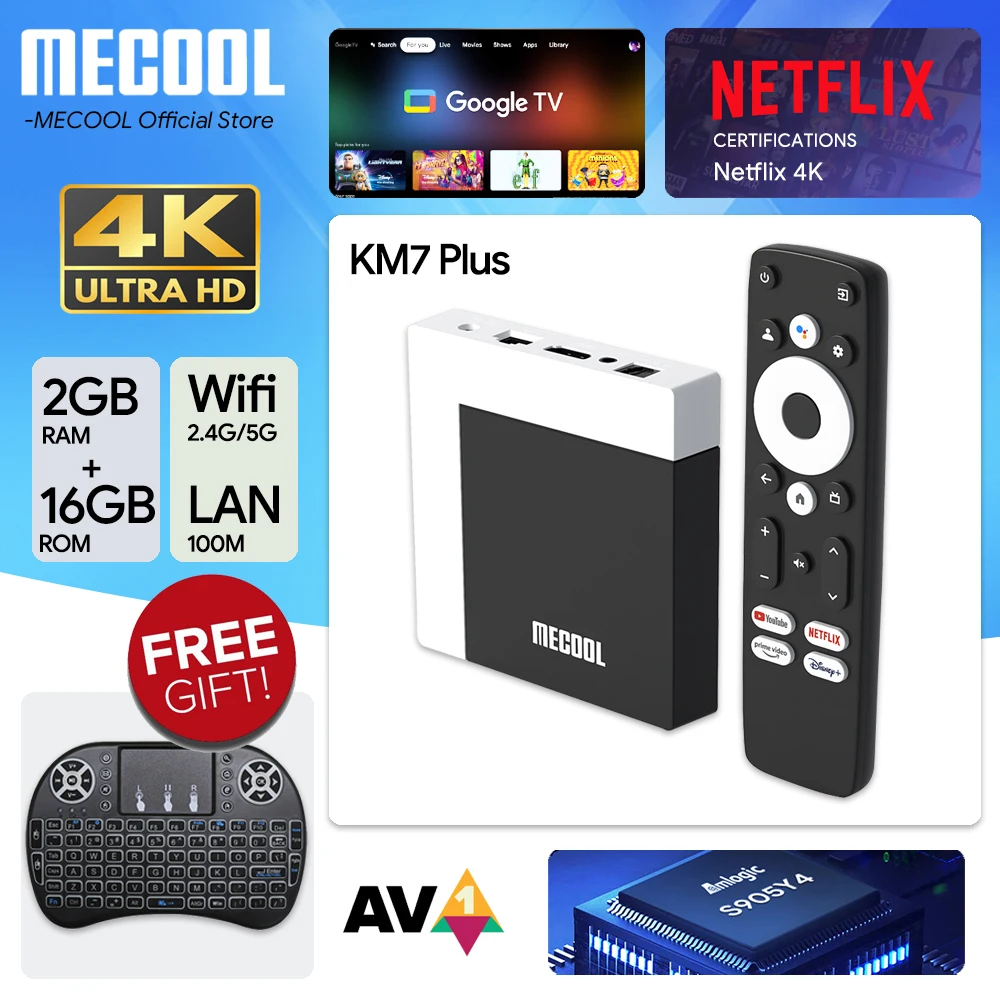 2024 Global Android TV Box KM7 Plus Android 11 Netflix 4k Google TV 2 ГБ DDR4 16 ГБ ROM100M LAN Интернет S905Y4 Домашний медиаплеер