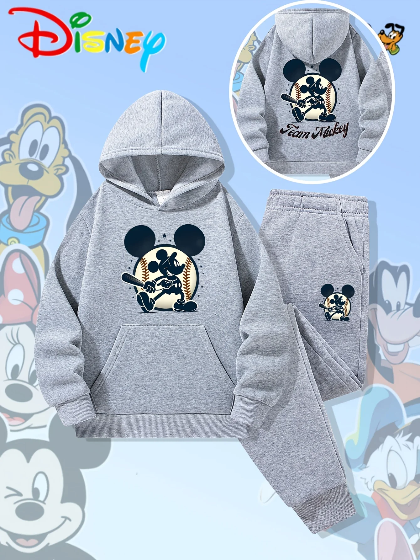 

Аутентичные брюки с длинными рукавами и толстовкой с капюшоном с принтом Диснея, комплект из двух предметов: с капюшоном, обычный крой, теплопередача, ручная работа.