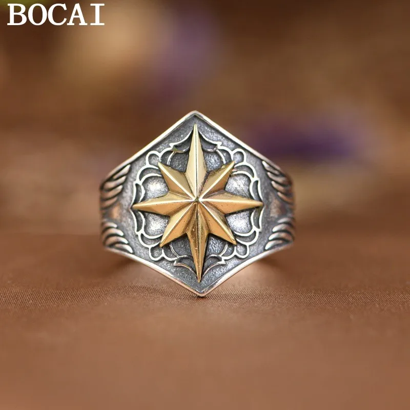 BOCAI New S925 Sterling Sivler Rings for Men Women Golden Eight-pointed Stars Antique Silver Opening Ring Charms Fine Jewelry