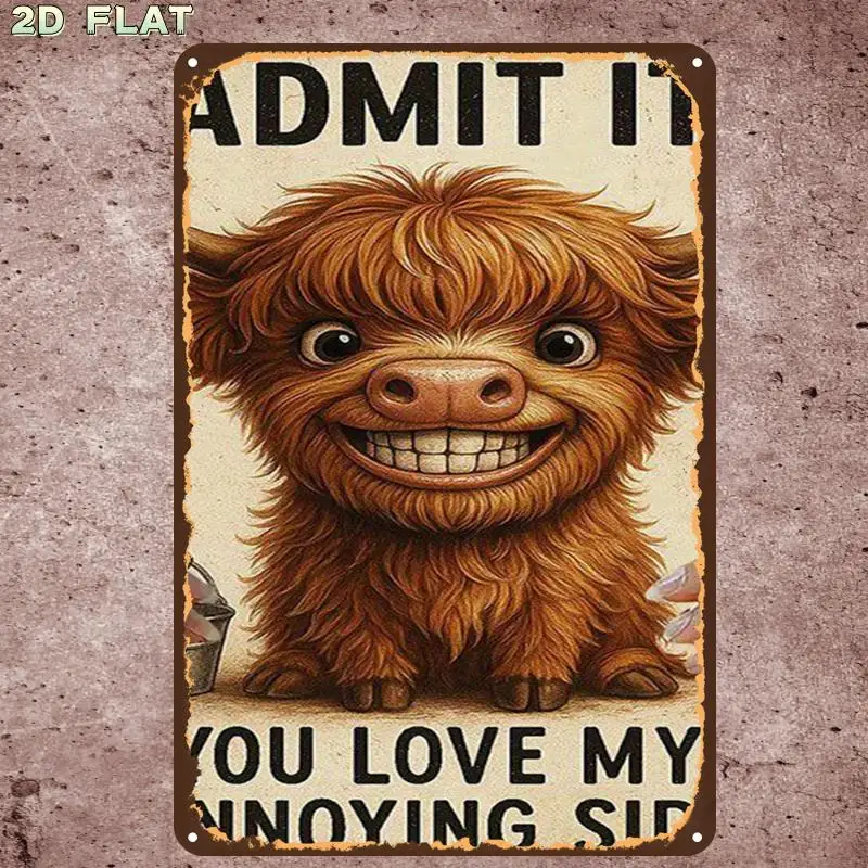 2D Flat, Retro Vintage Cute Highland Cow Poster Art Metal Tin Sign, with Pre-Drilled Holes, Ideal for Indoor, Garden, Outdoor - view 6