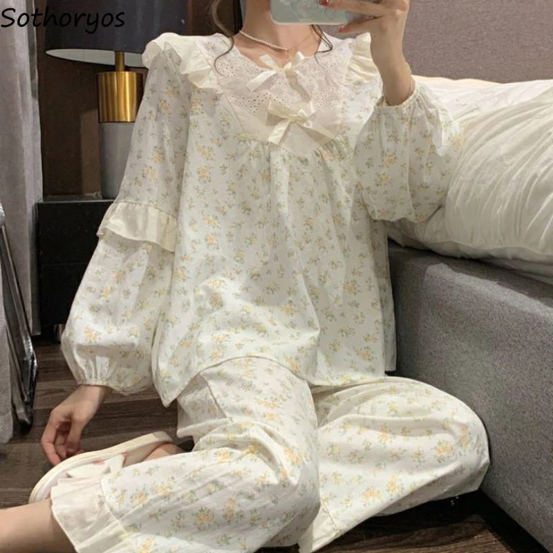 Pajama Sets Women Floral Bow Ruffles Design Niche Trendy Chic Long Sleeve Princess Style Korean Fashion Spring Cute Two-piece