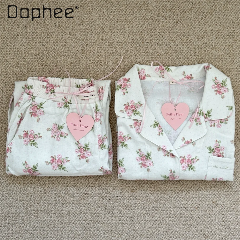 Floral Print Pajamas Sets 2024 Autumn Spring Retro Long Sleeve Turn Down Collar Single-breasted Loungewear Soft Aesthetics