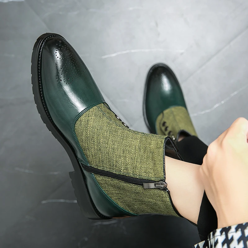 Trendy green cloth panel Chelsea boots Men\'s short boots Pointed leather shoes Versatile Casual Boots Daily Party Dress Shoes