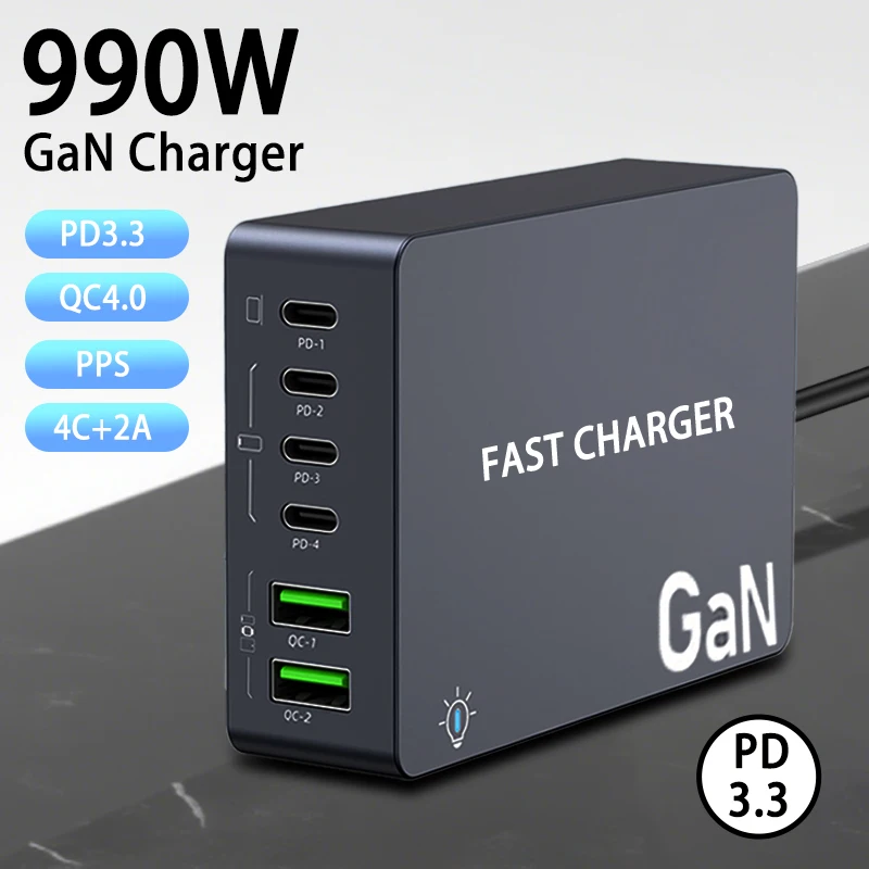 990 واط GaN شاحن سريع 4 USB C 2 USB A سطح المكتب متعدد ميناء موصل مقبس شواحن لأجهزة الكمبيوتر المحمول الهاتف المحمول اللوحي PD شحن سريع