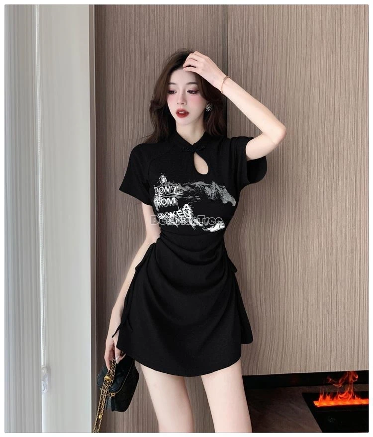 2025 new retro daily leisure qipao dress chinese style printing improved cheongsam fashionable wrinkled waist design thin dress