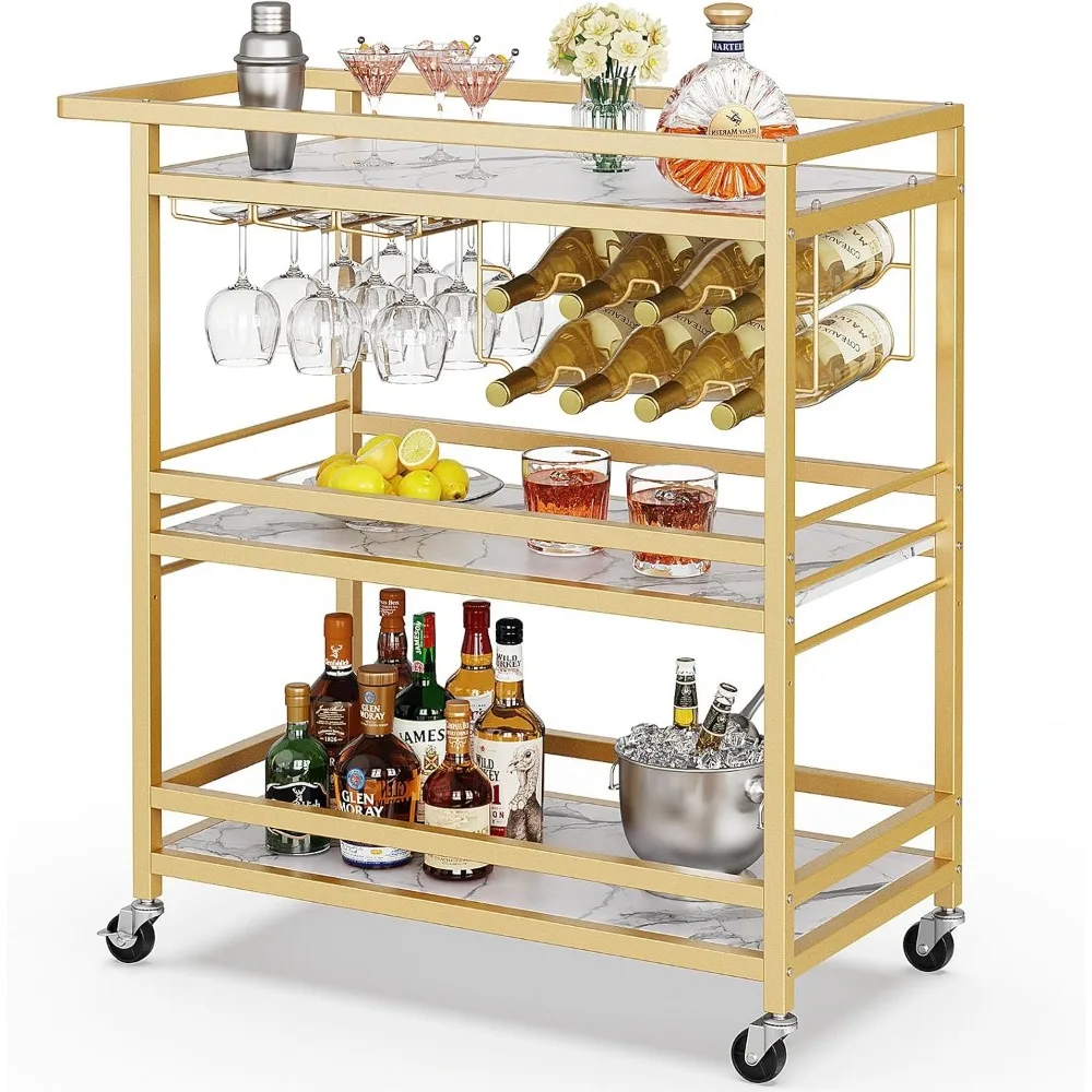 

Bar Cart for Home, 3 Tier Gold Serving Rolling Carts with Wheels, Drink Cart, Liquor Stand with Marbled Wooden Shelves,
