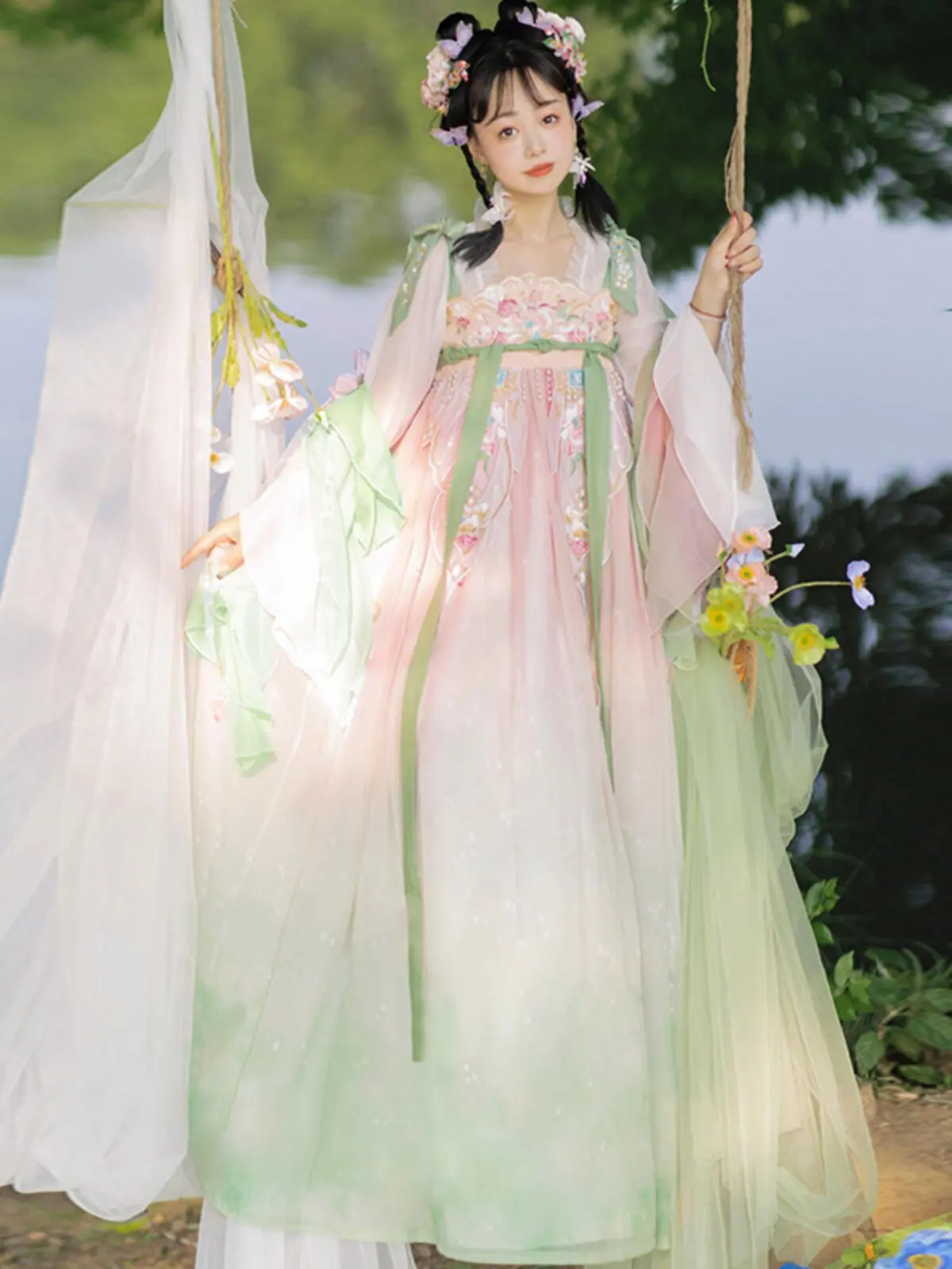 Vintage Chinese Hanfu Dress 2026 New Pink Green Gradient Embroidery Sweet Girl Outfit Spring Summer Traditional Tang Style Ruqun