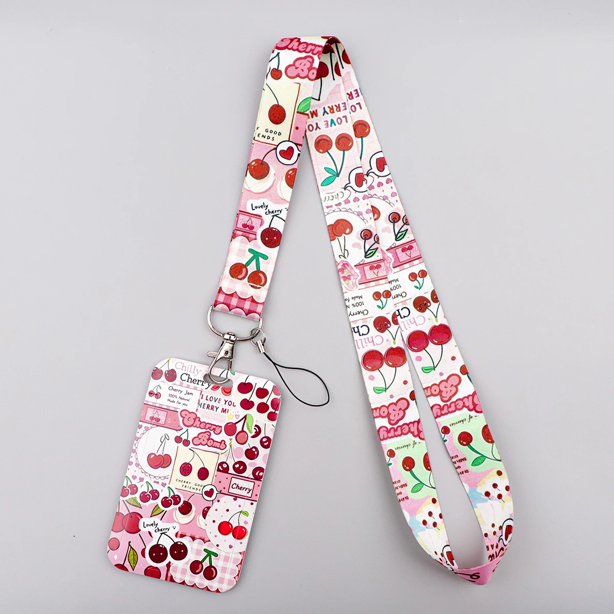 Cute Pink Cherry Collage Lanyard Strap Neck Keychain Card Cover Badge Holder Mobile Phone Hang Rope Keyring Accessories Gift