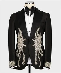 Formal Black Men Suits Appliques Crystals Groom Wedding Tuxedos 2 Pieces Sets Casual Male Prom Blazers Customized Costume Homme