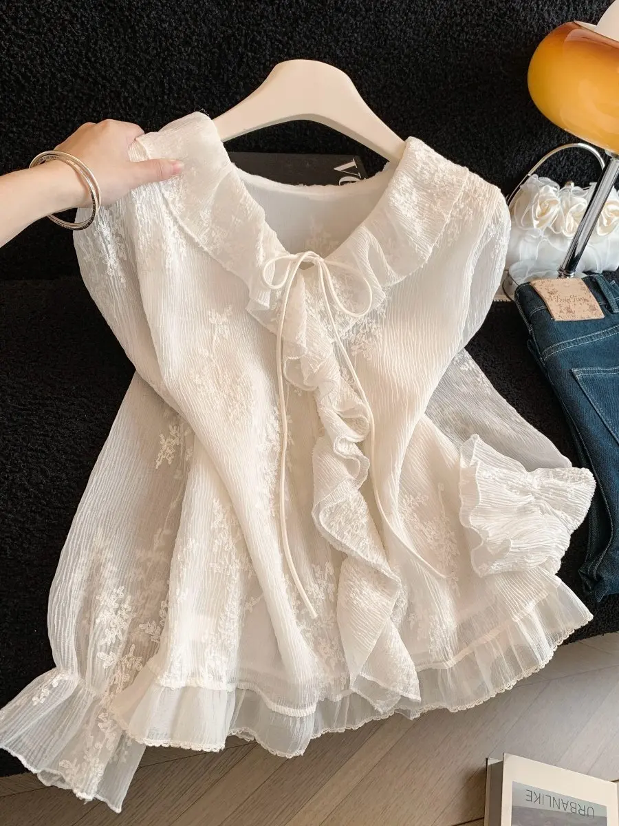 

Spring 2026 Women's Long Sleeve Embroidered Chiffon Shirt V-Neck Puff Sleeve Blouse French Style Loose Fit Daily Wear