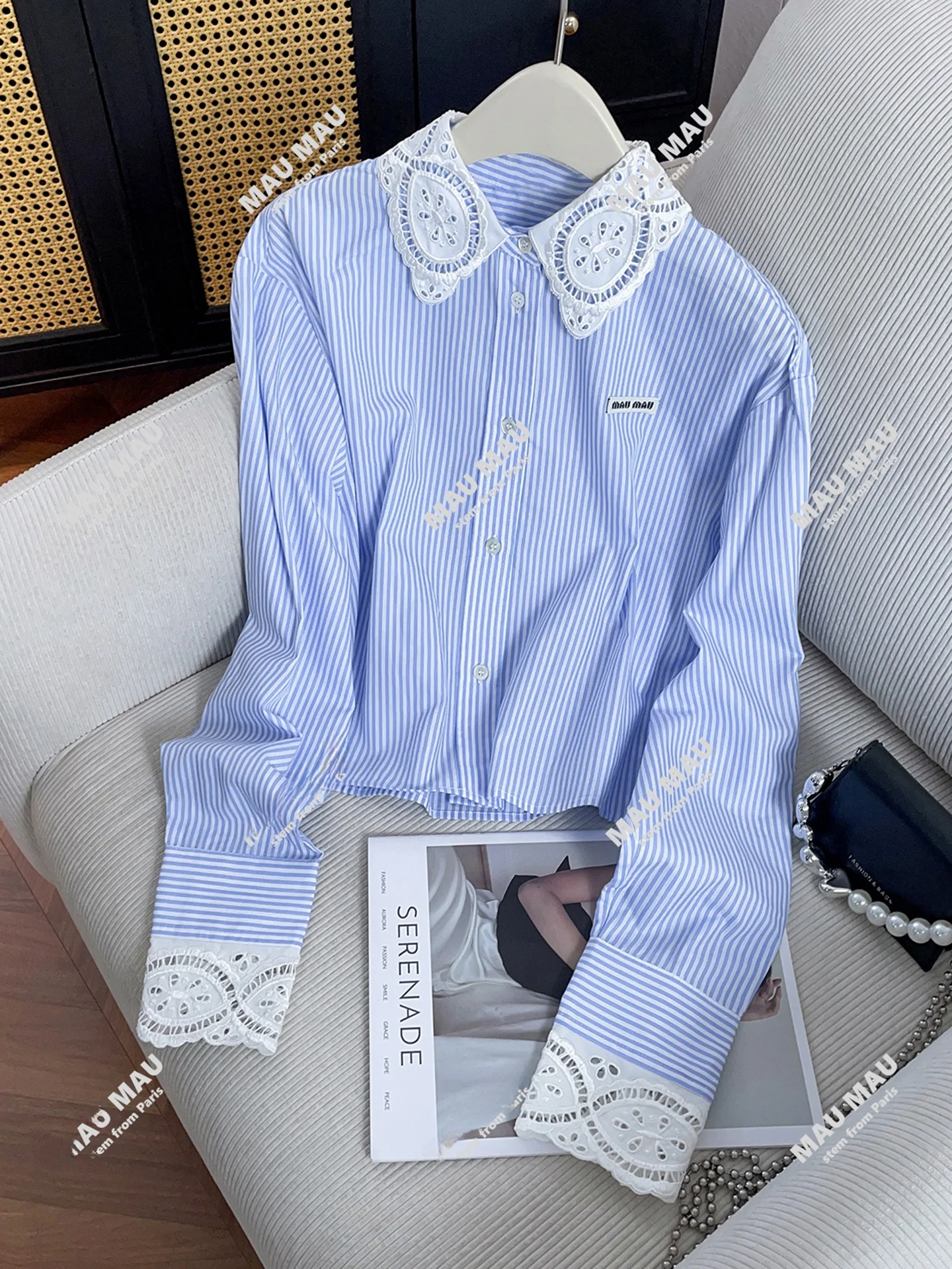 

Sweet Youthful Lace Collar Patchwork Striped irt Top for Women High End Autumn Collection Commute Sle Regular Sve Long