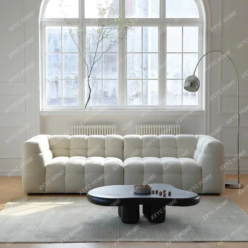 

QQFrench Retro Sofa Small Apartment Living Room Cream Wabi Wind Lamb Wool Marshmallow Fabric Sofa
