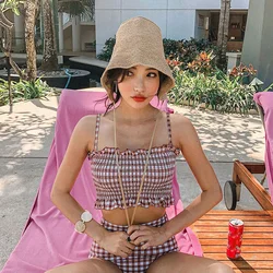 Koreański damski zestaw bikini z wysoką talią Strój kąpielowy Bandeau Smocked Plaid Biquinis Damski dwuczęściowy kostium kąpielowy Seksowny strój kąpielowy 2024 Nowość