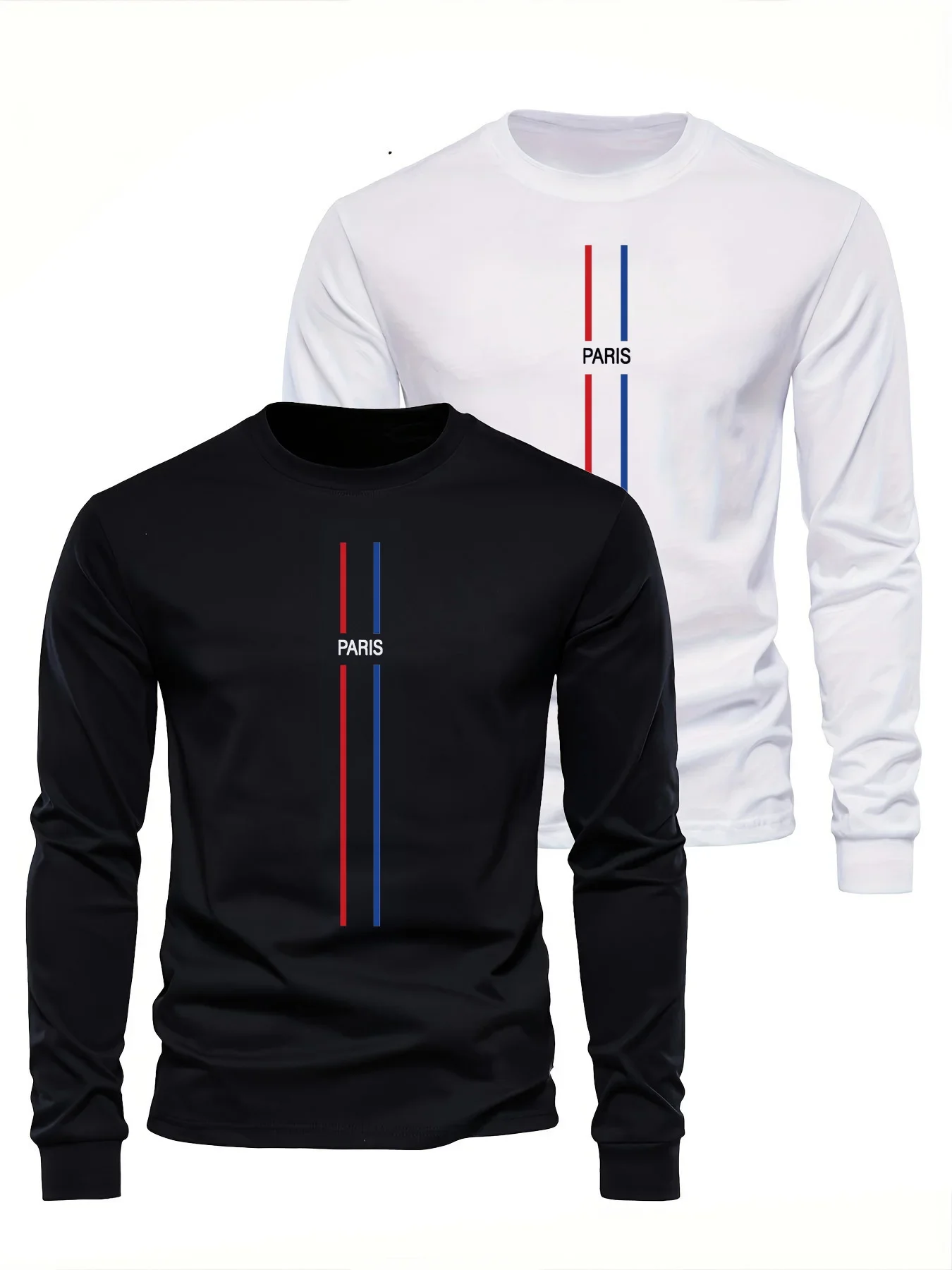 Men's Long Sleeved Round Neck Loose Casual Paris Pattern Printed 100% Polyester Spring and Autumn Versatile T-Shirt Tops
