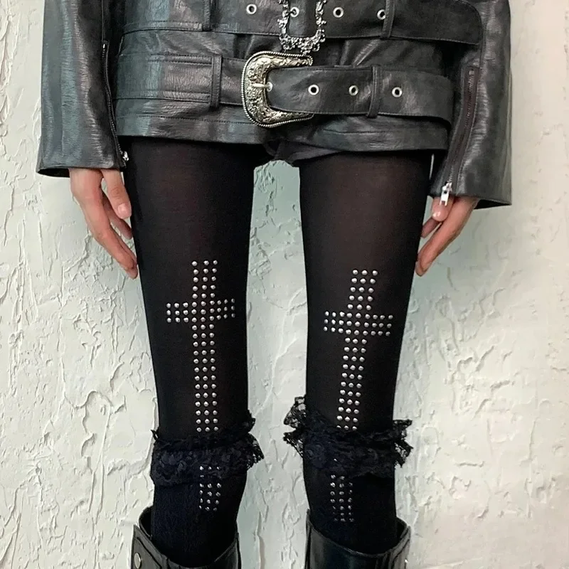 Dark Hot Girl Y2k Croce Hot Diamond Pantaloni Stile Punk Sottocultura Millennio Estetica Nera Hip-Hop Casual Cosplay Collant