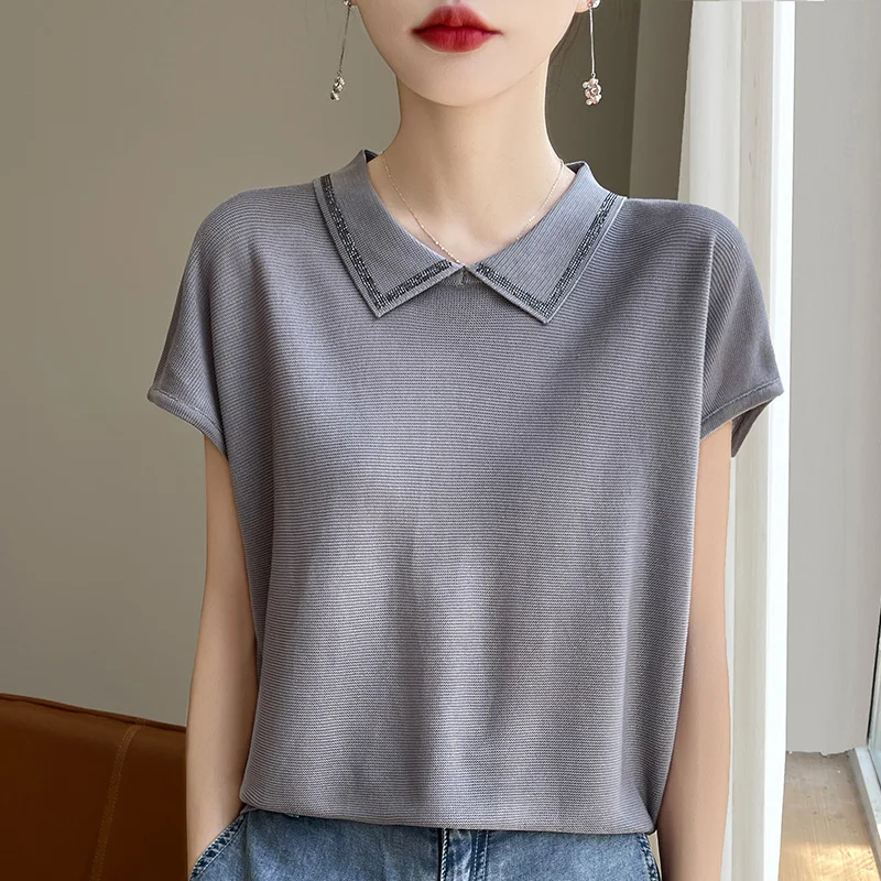 Women\'s T-shirts Spring/Summer New Knitted Short Sleeve Casual Blouse Lapel Tops Ladies Clothes Loose Hot Diamond Tees