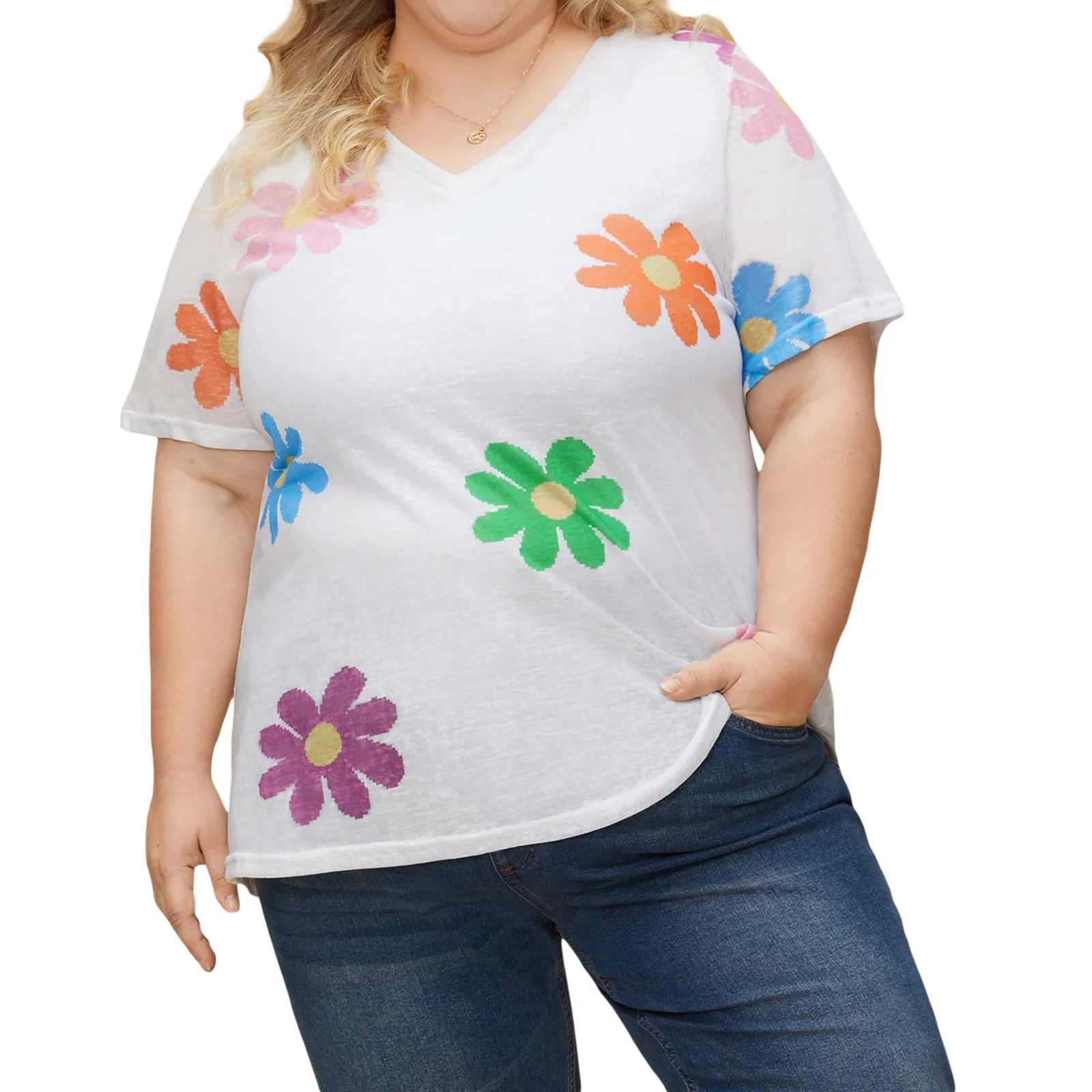 

Summer Plus Size T-Shirts Women XXXXL Loose T-shirt V Neck Short Sleeve Flower Print Summer Tops Streetwear for Casual Daily