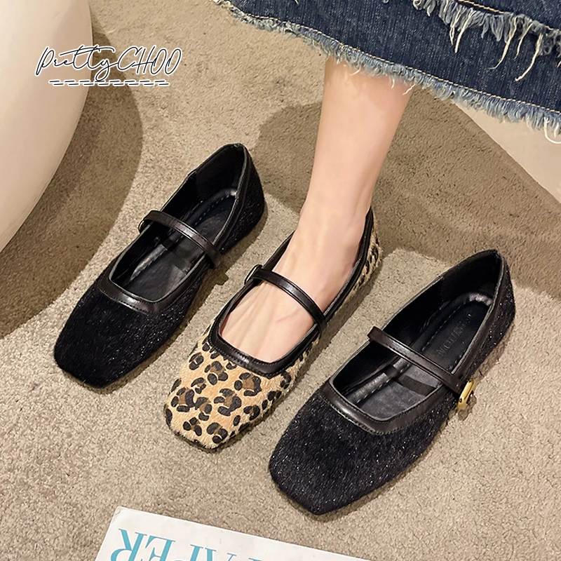 Luxury Horse Hair Leopard Print ballerine donna Classic Gold Buckle Strap Mary Janes Ladies Casual Soft Sole mocassini poco profondi