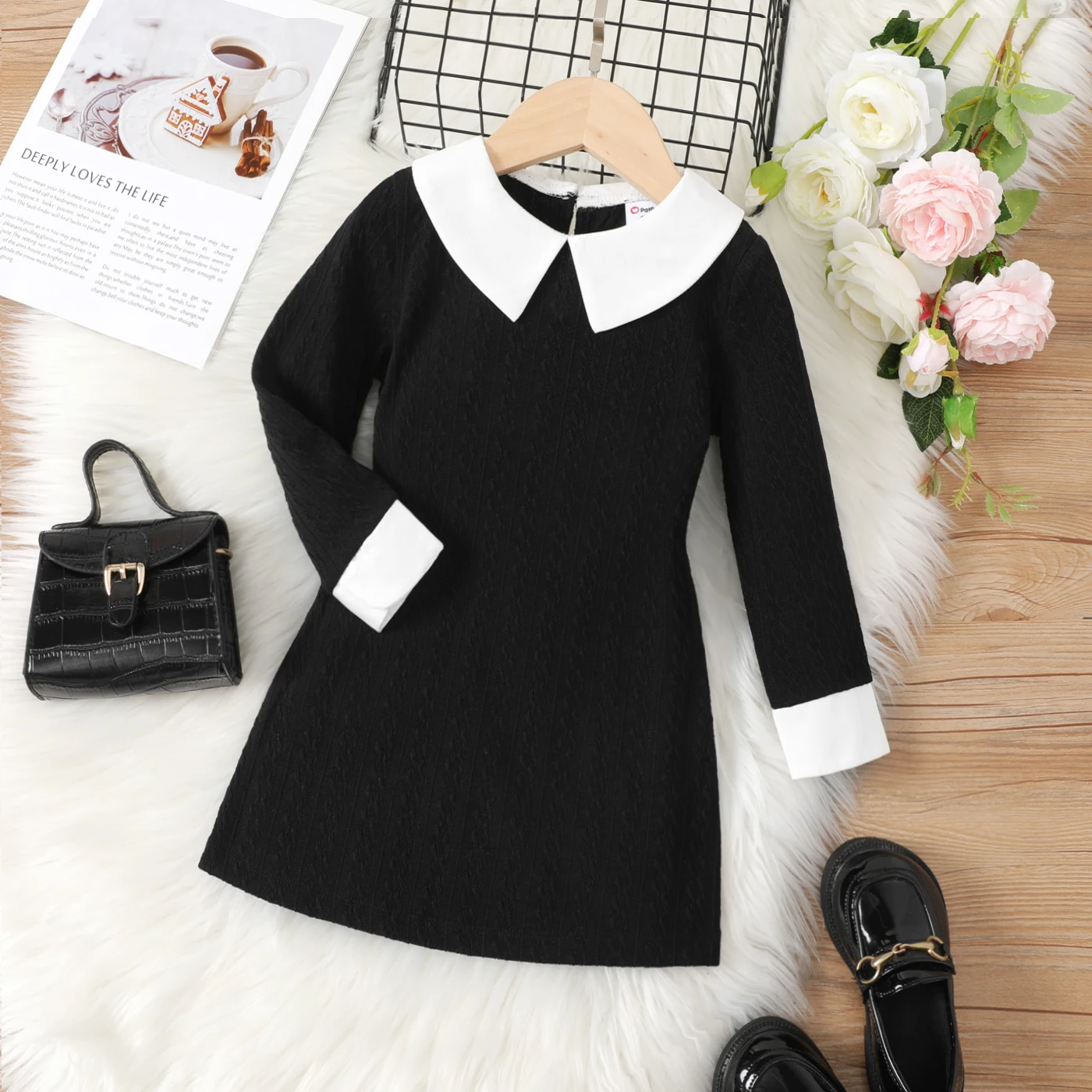 PatPat Kid Girl Avant-garde Solid Color Lapel Design Long Sleeve Dress