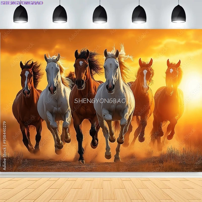 

Wild Horses Gallops Freely Sun-kissed Plain Photography Backdrops Grassland Grassy Meadow Sunset Prairie Photo Background MA-02