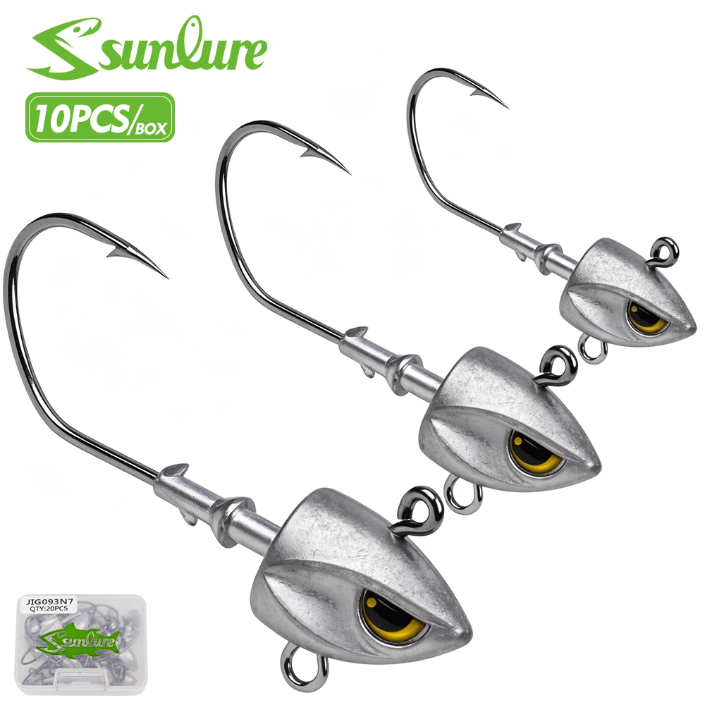 Sunlure 10PCS/Box Lead Jig Head Hooks 3D Simulated Fish Eye Double Rings High Carbon Steel Barbed Saltwater Bass Fishing Hooks