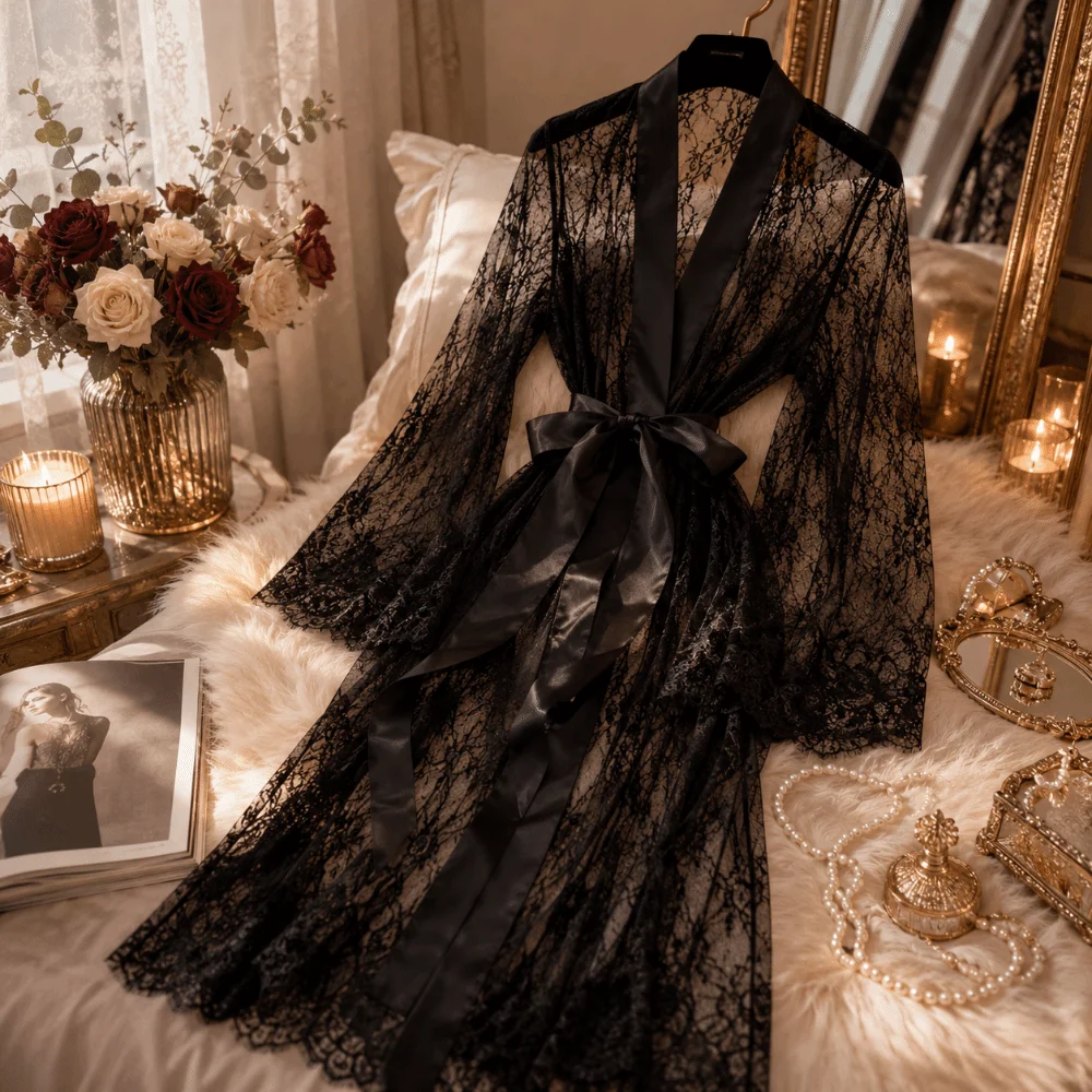 Long Sleeve Long Lace Robes Hollow Out Ultra-thin Sheer Robes Dress Transparent Nightdress Lady Pajamas Wedding Anniversary