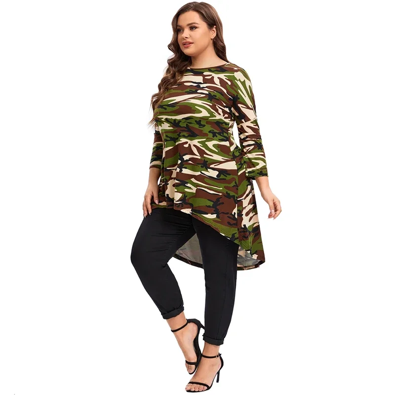 Plus Size Long Sleeve Camouflage Tunic Tops Long Loose Elegant Autumn Hi Low Swing Blouse T-shirt Plus Size Odzież Damska 6XL