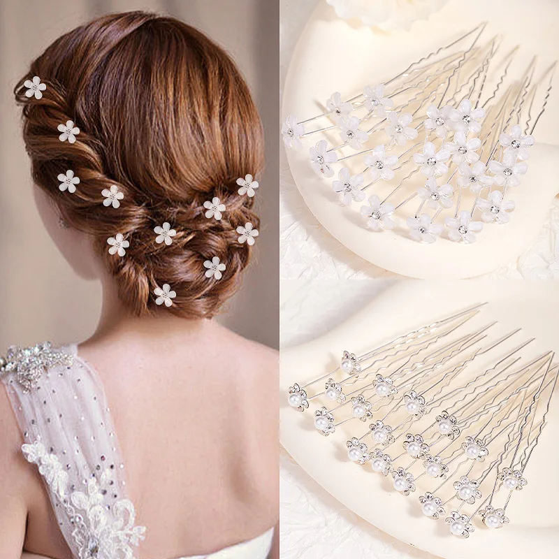 10Pcs Fashion Wedding Bridal Pearl Flower Clear Crystal Rhinestone Hair Pins Clips Bridesmaid Hairwear Jewelry Hair Accessories