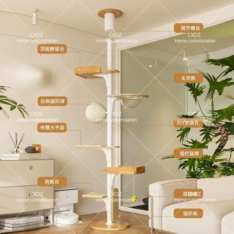 Solid Wood Wrought Iron Cat Climbing Frame Tall Cat Tree with Scratching Post and Nest Space Saving Design for Small