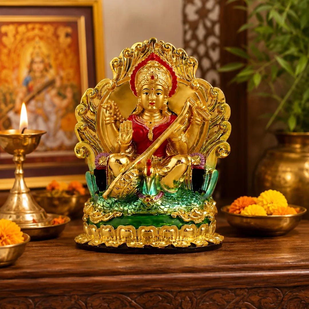 Hindu Goddess Saraswati Statue, Indian Knowledge Music Goddess Idol, Golden Religious Figurine for Home Temple Puja & Decor Gift
