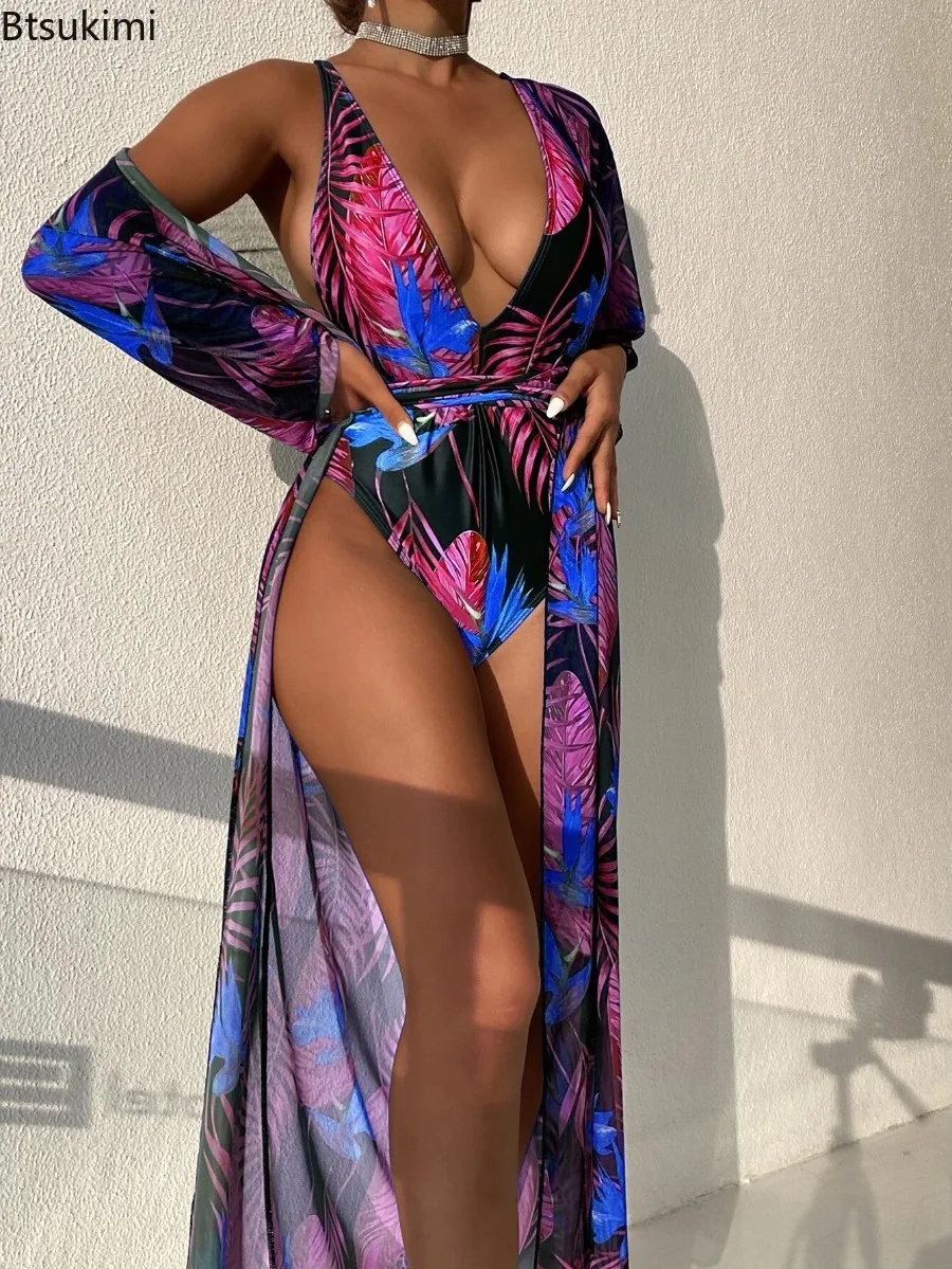 Women's Summer Print Backless Two Piece Bikini Set Women Sexy One Piece Bodysuit&Cover Up Swimsuit Long Sleeve Beachwear Sets