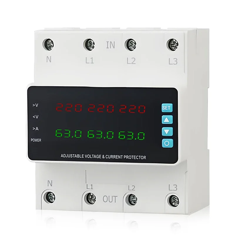 Din Rail 3-Phase Adjustable Over Voltage Under Voltage Protection 63A 80A 100A 380V Digital Display Voltage Current Protector