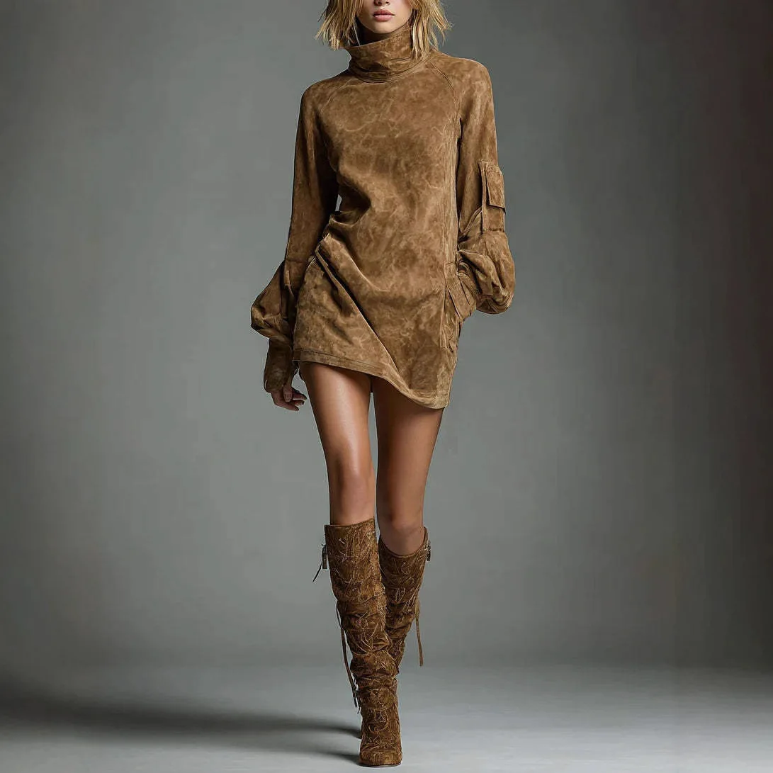 Women's Faux Suede Turtleneck Long Sleeve Dress 2026 Autumn New Elegant Solid Color Slim Fit Dresses for Daily & Party