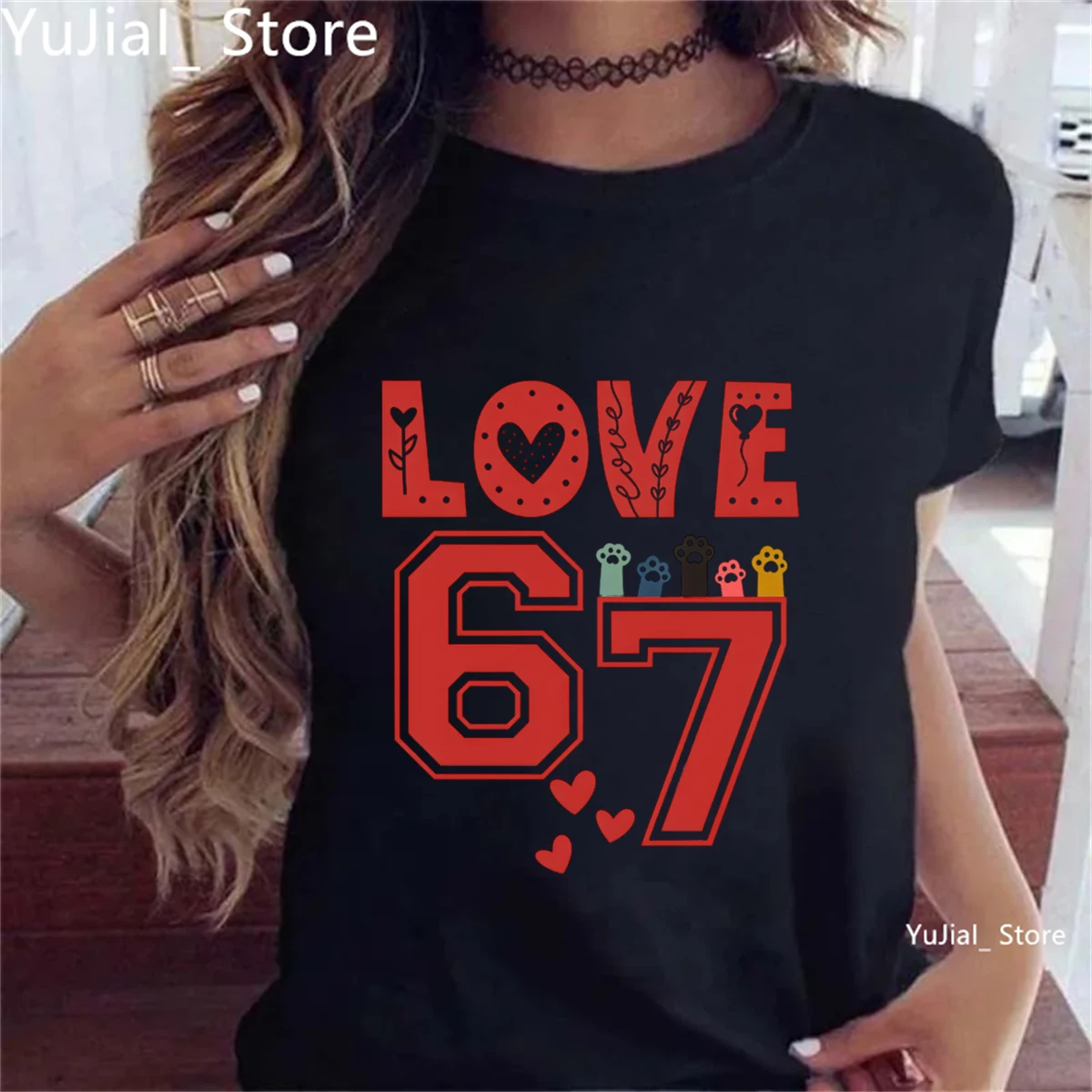 

Valentine'S Day Gift T-Shirt Femme Love 67 Meme Cat'S Paw Printed T Shirt Women Summer Short Sleeve Black White Pink Shirt