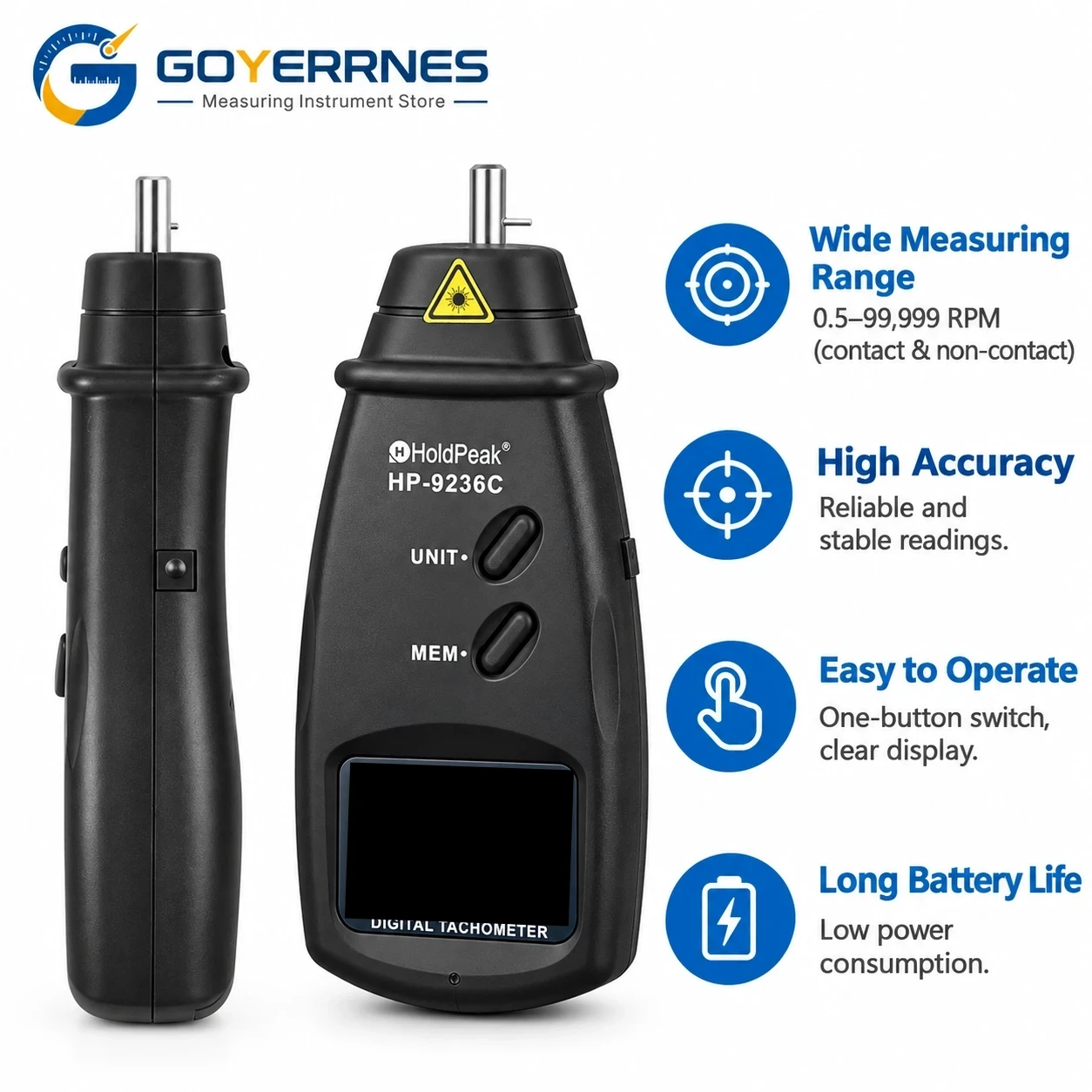 Industrial Laser Tachometer - 9236C Digital Tachometer Contact Non-Contact RPM