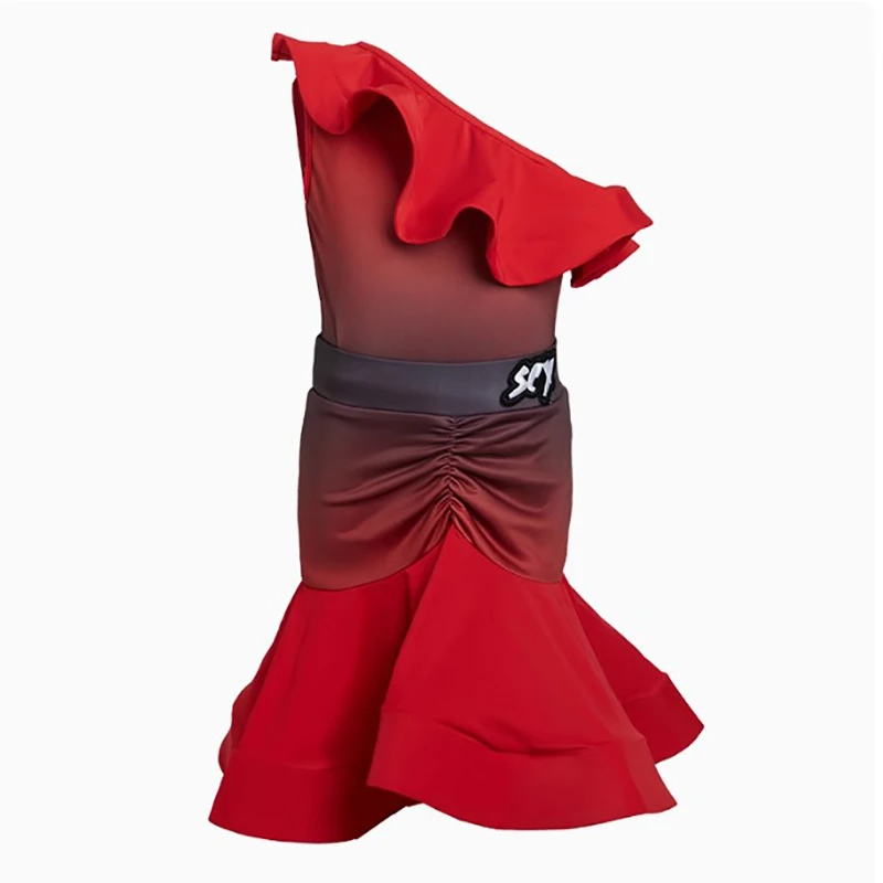Kinder Mädchen Latin Dance One Shoulder Rüschen Top und Rock Farbverlauf Ballsaal Rumba Dancewear Training Chacha Performance Kostüme